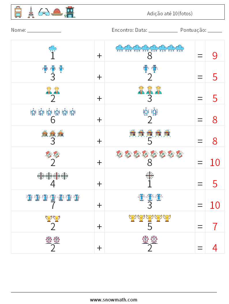 Adição até 10(fotos) planilhas matemáticas 11 Pergunta, Resposta