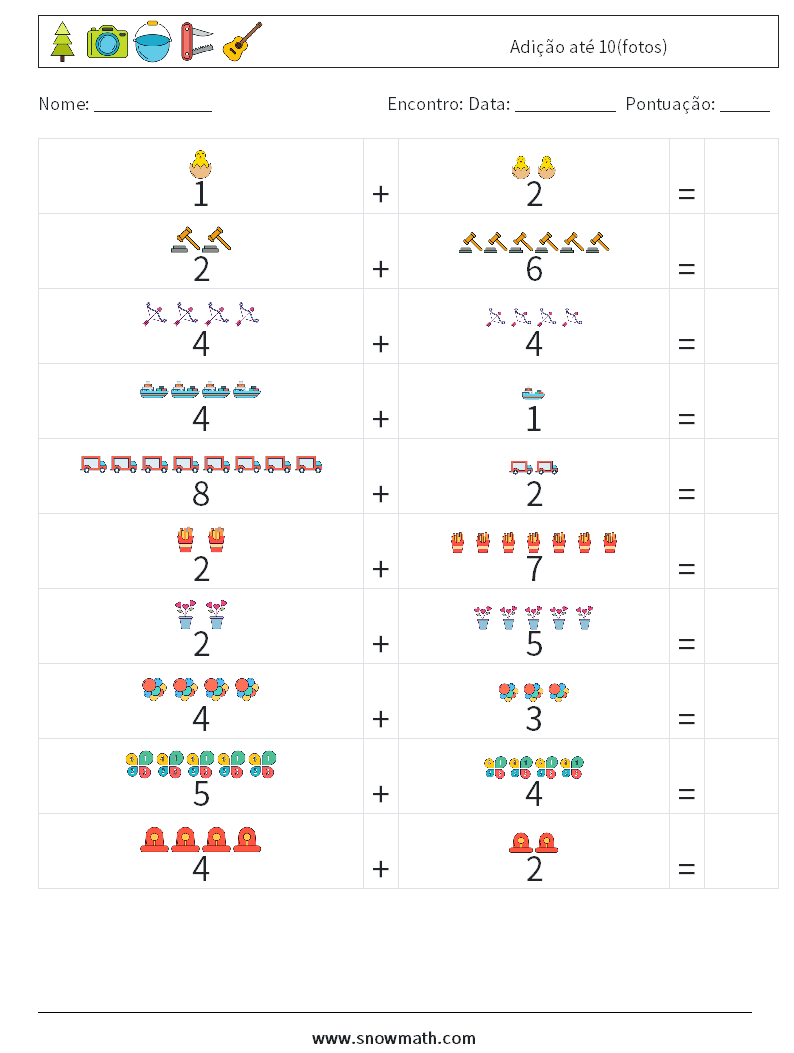 Adição até 10(fotos) planilhas matemáticas 12