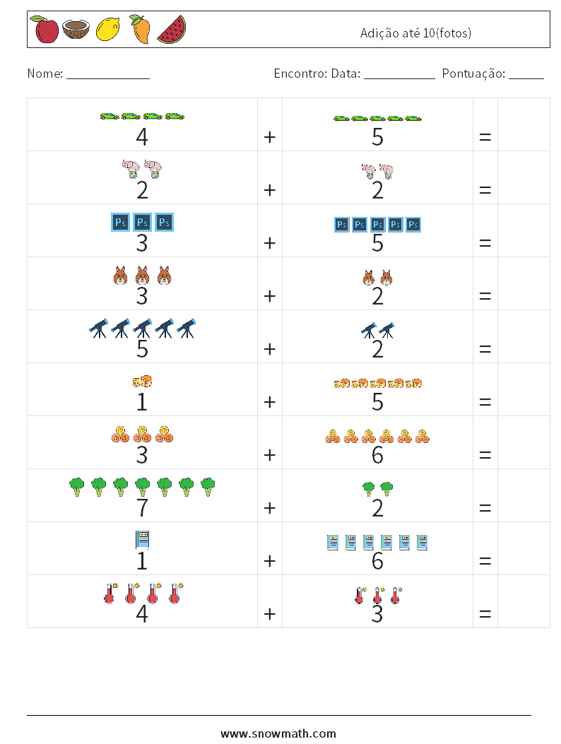 Adição até 10(fotos) planilhas matemáticas 13