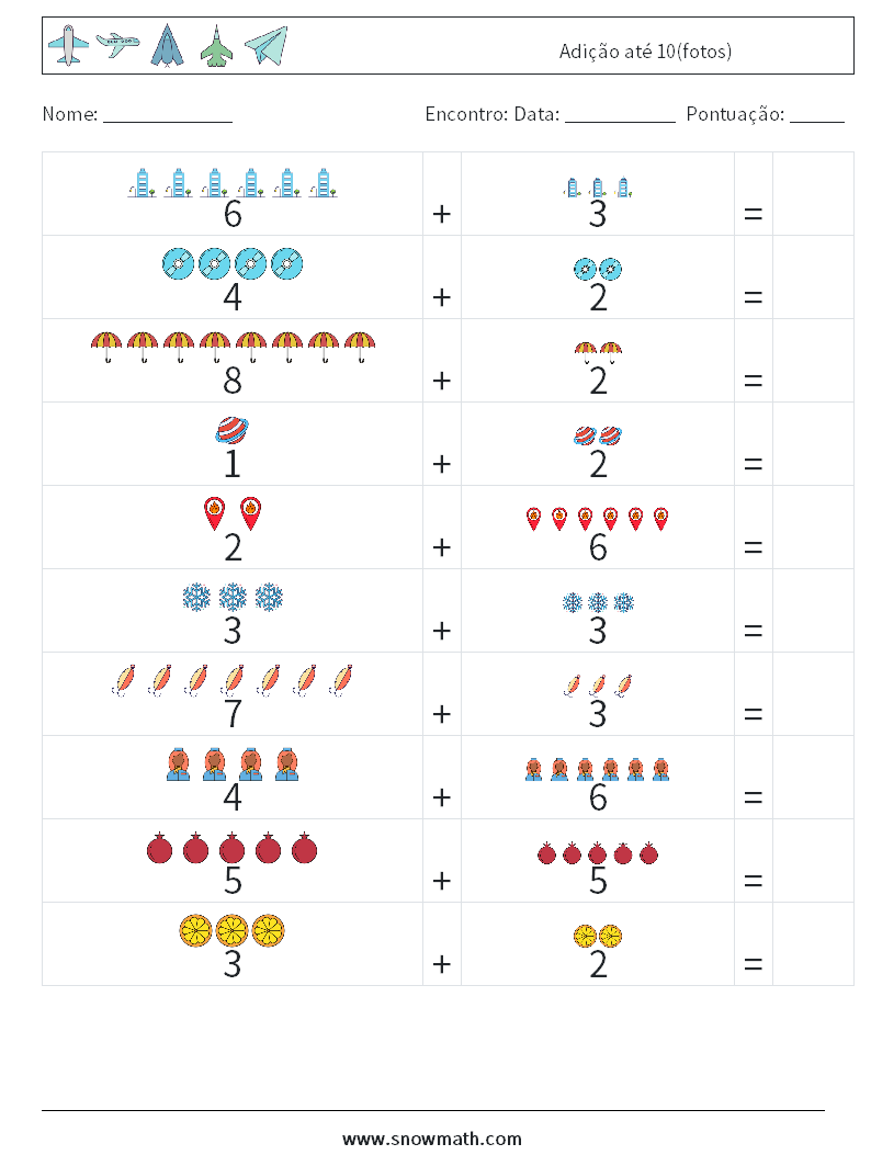 Adição até 10(fotos) planilhas matemáticas 14