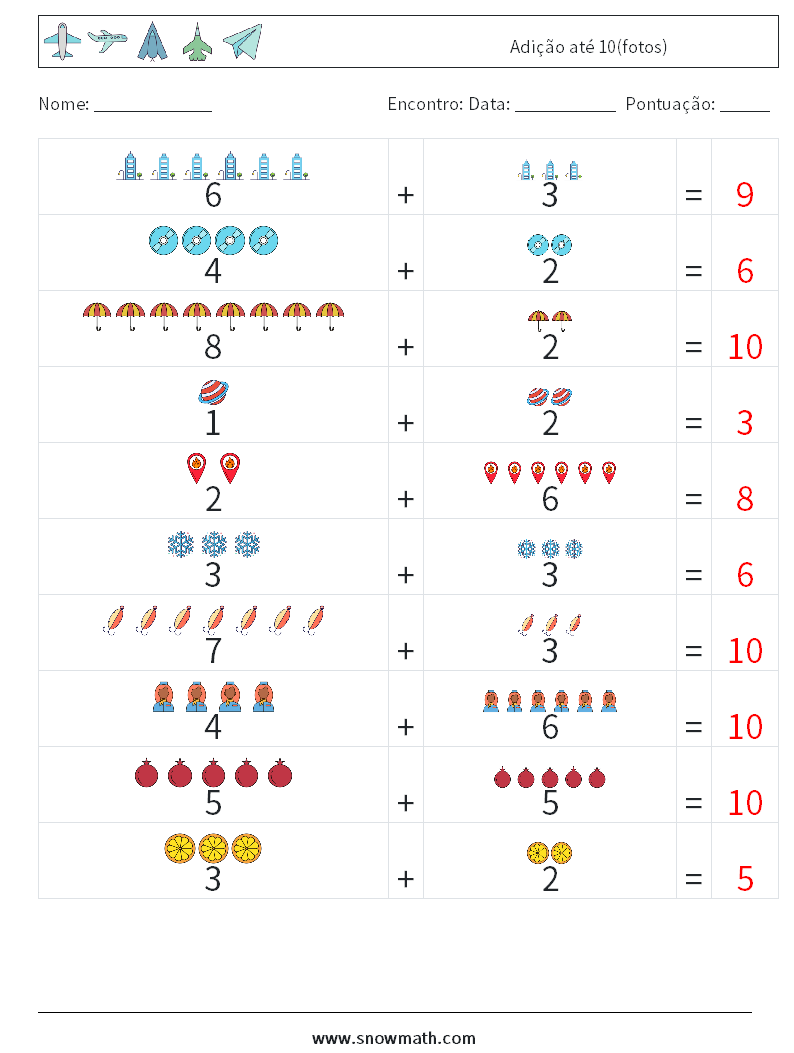 Adição até 10(fotos) planilhas matemáticas 14 Pergunta, Resposta