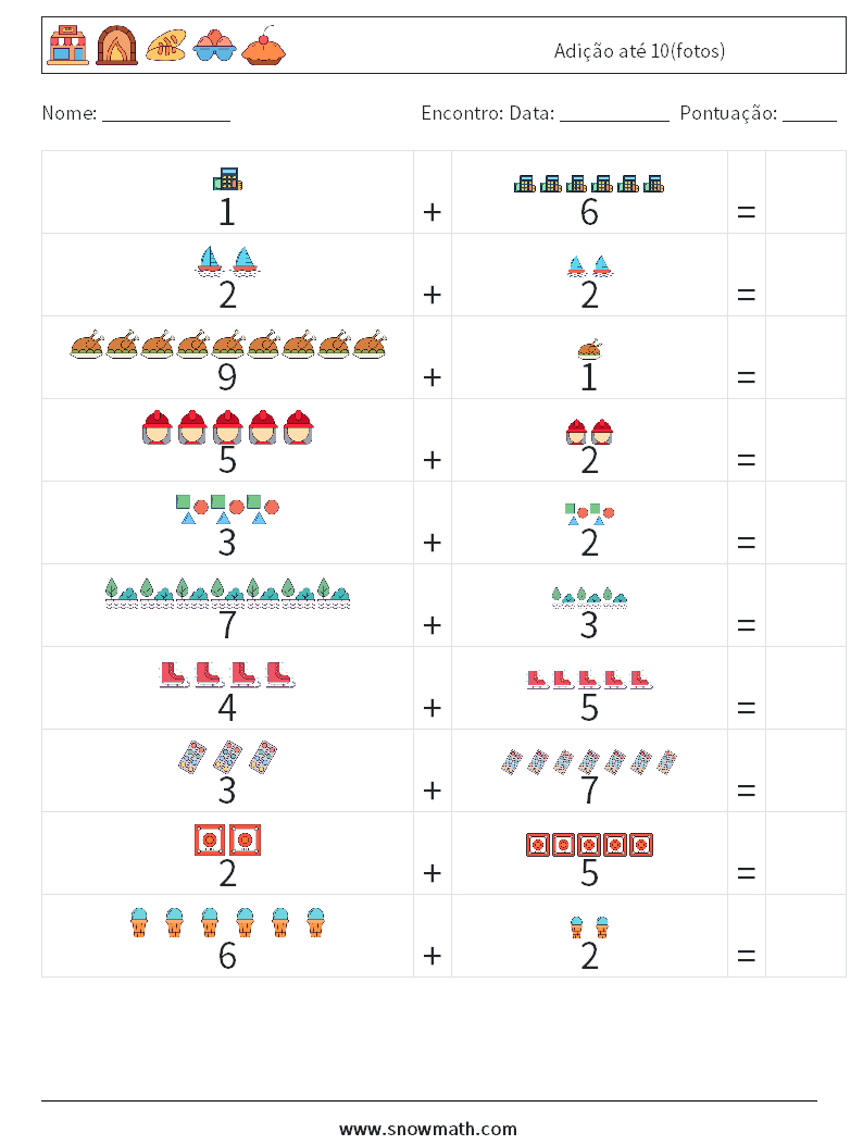 Adição até 10(fotos) planilhas matemáticas 15