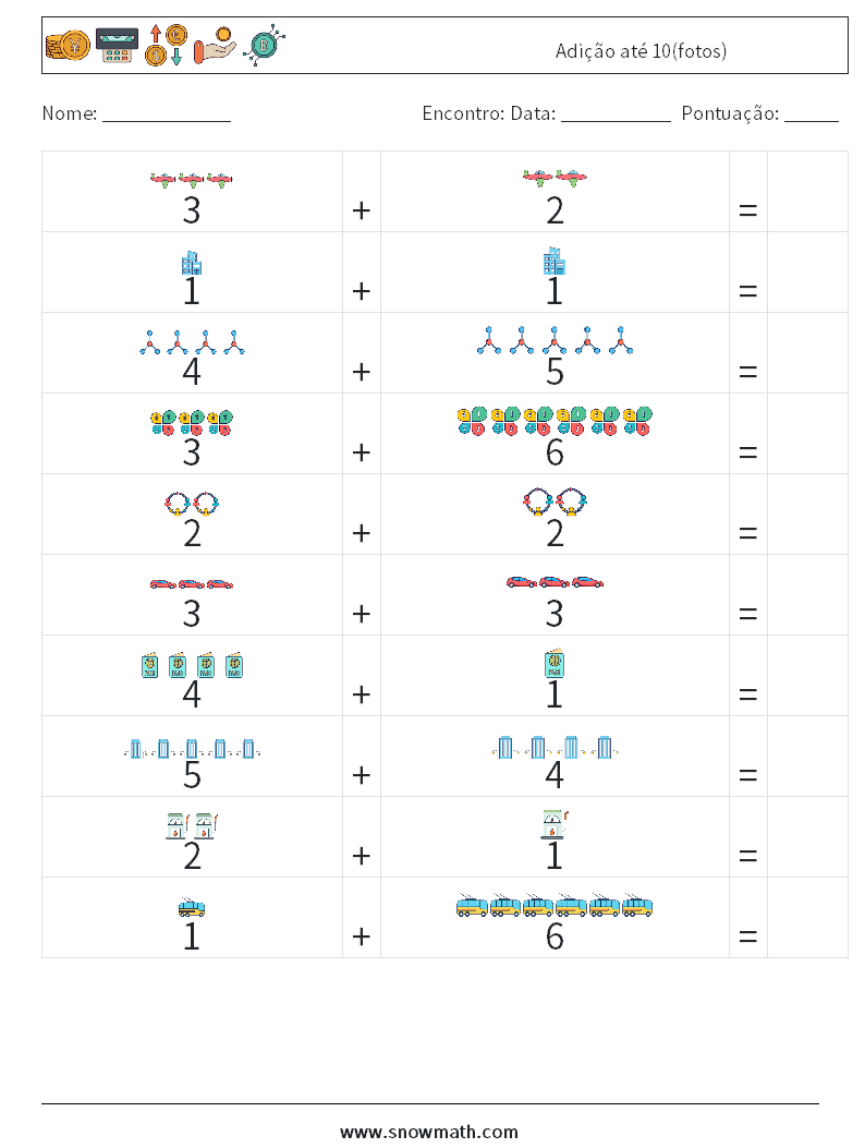 Adição até 10(fotos) planilhas matemáticas 16