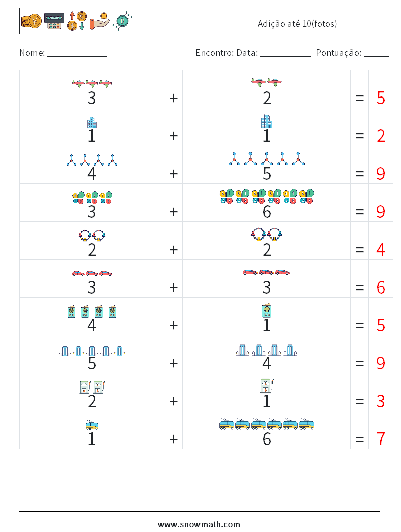 Adição até 10(fotos) planilhas matemáticas 16 Pergunta, Resposta