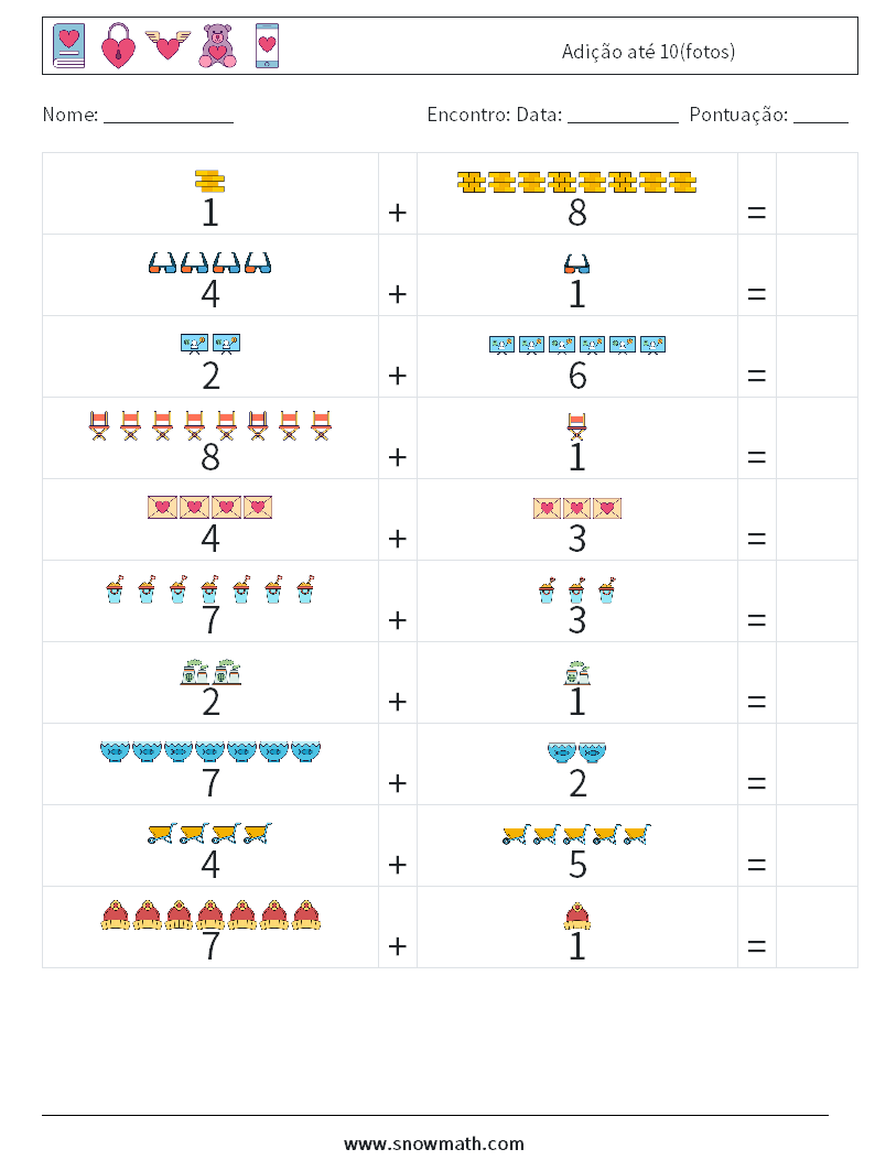 Adição até 10(fotos) planilhas matemáticas 17