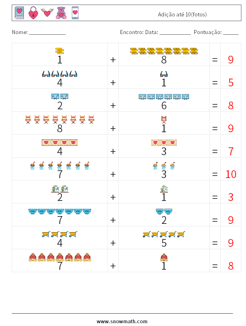 Adição até 10(fotos) planilhas matemáticas 17 Pergunta, Resposta