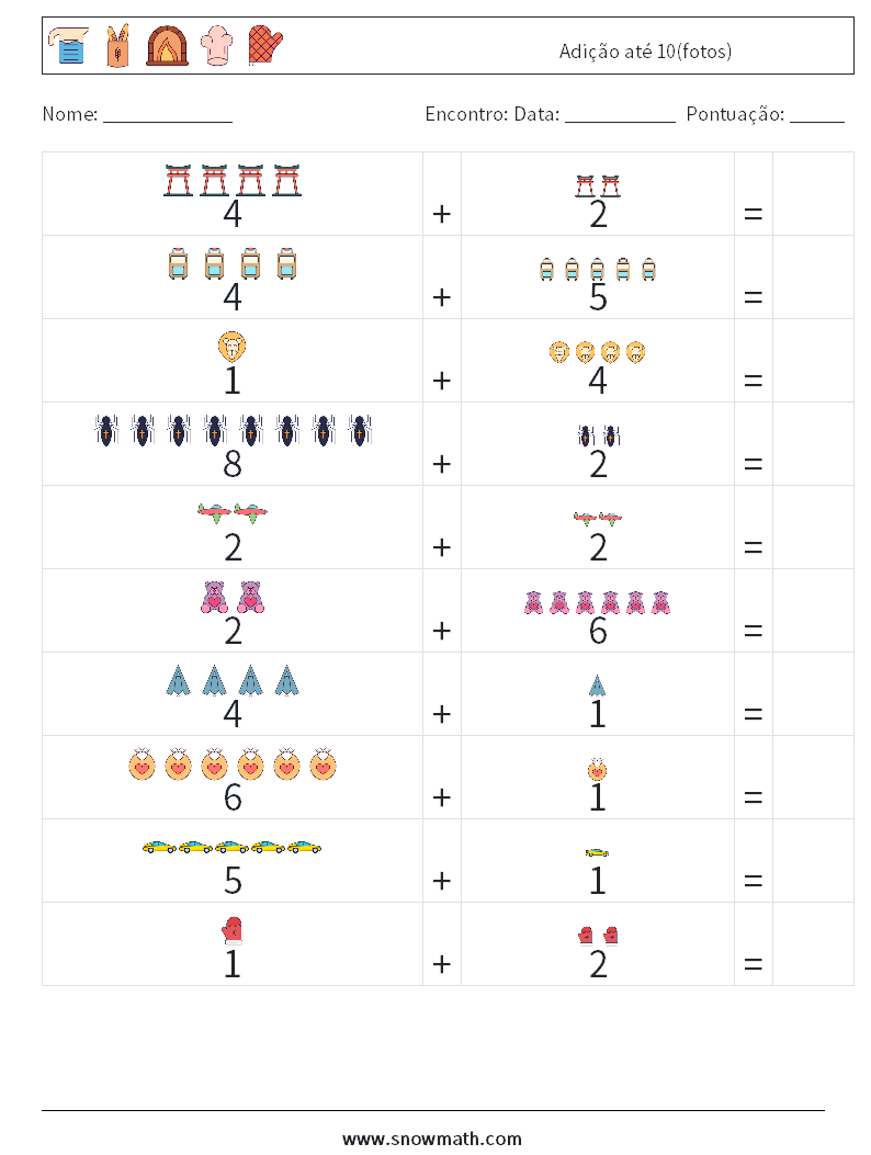 Adição até 10(fotos) planilhas matemáticas 18