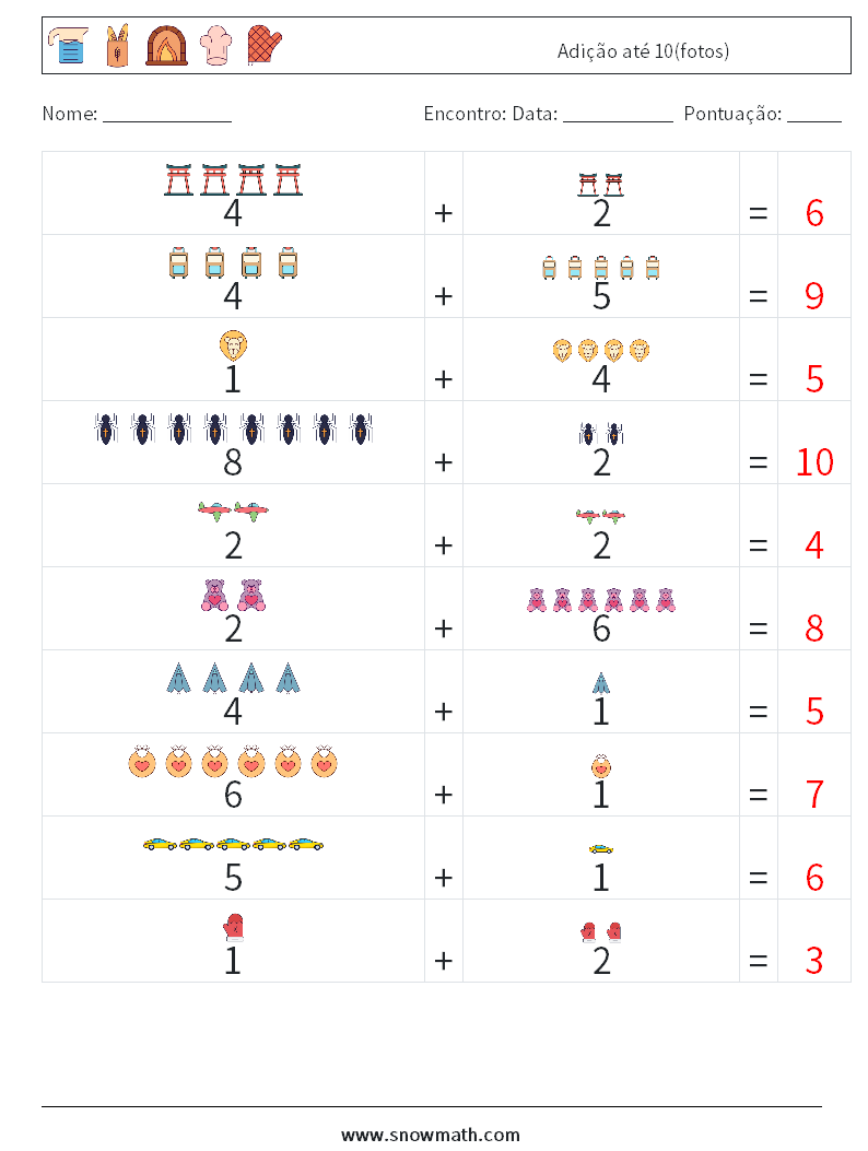 Adição até 10(fotos) planilhas matemáticas 18 Pergunta, Resposta