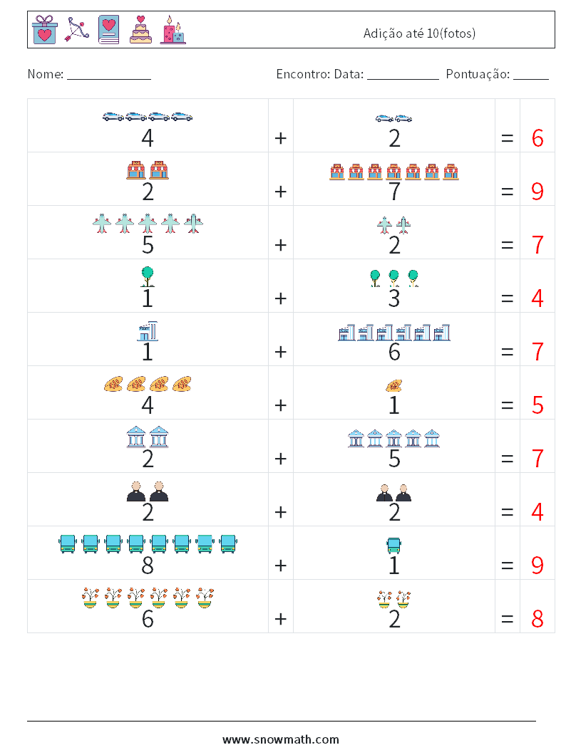 Adição até 10(fotos) planilhas matemáticas 1 Pergunta, Resposta