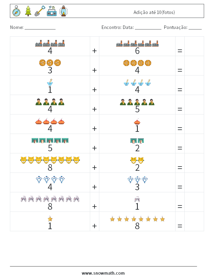 Adição até 10(fotos) planilhas matemáticas 2