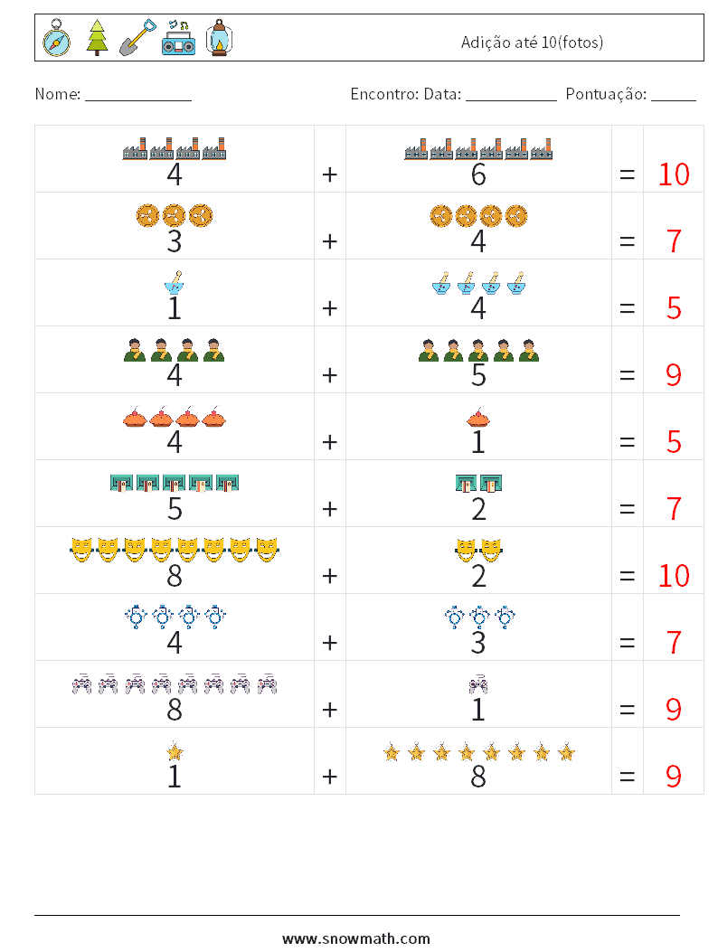 Adição até 10(fotos) planilhas matemáticas 2 Pergunta, Resposta