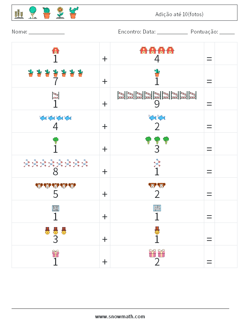 Adição até 10(fotos) planilhas matemáticas 3
