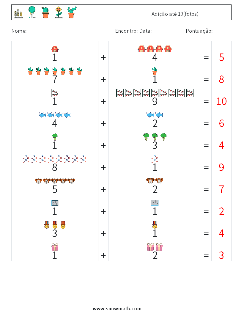 Adição até 10(fotos) planilhas matemáticas 3 Pergunta, Resposta