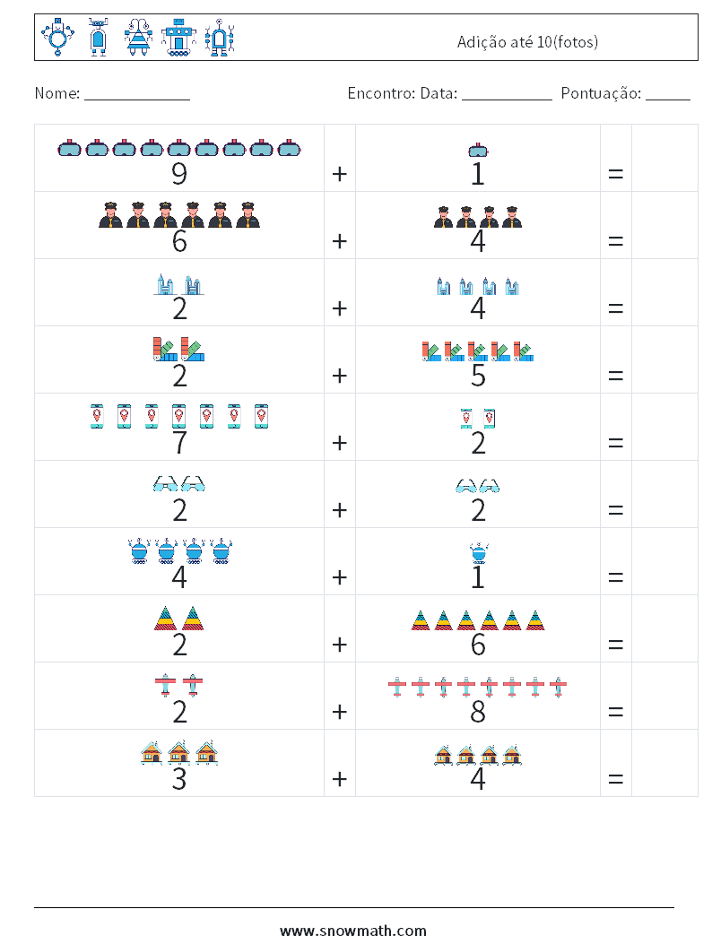 Adição até 10(fotos) planilhas matemáticas 4