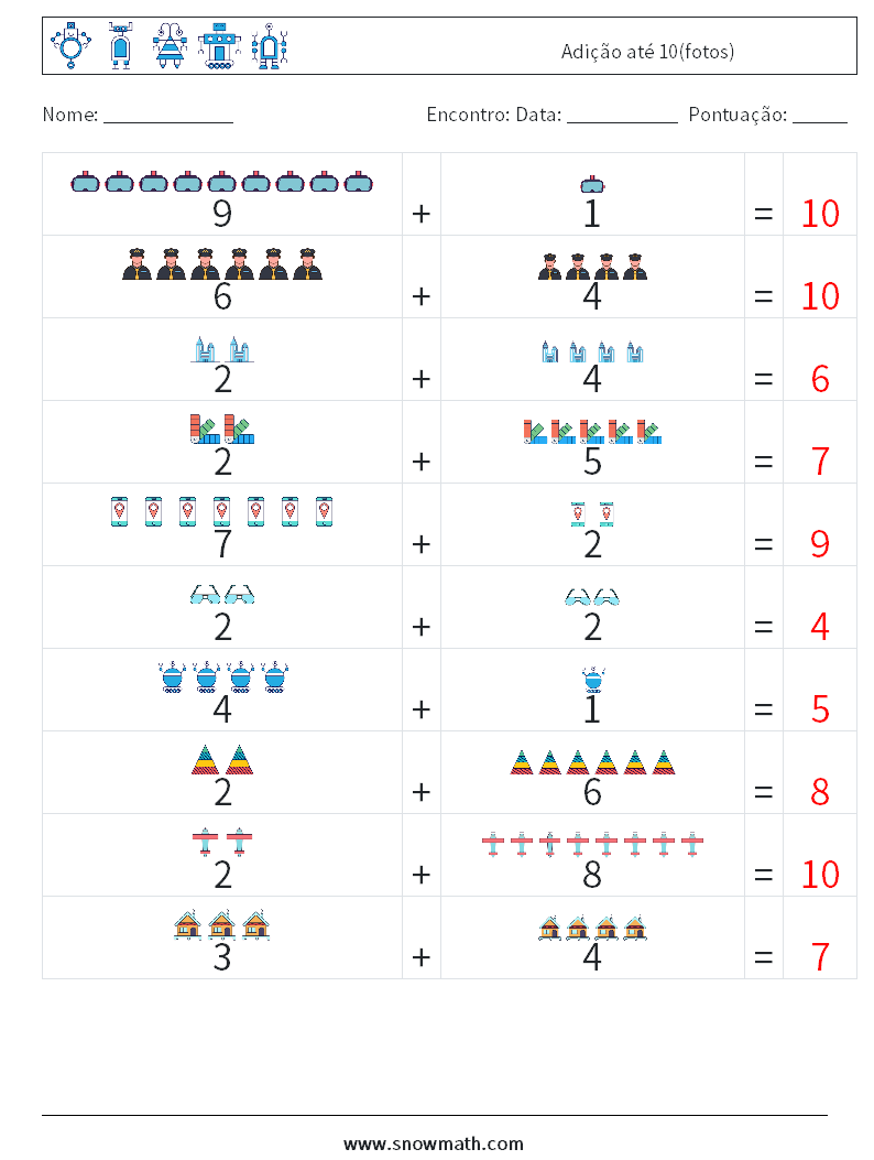 Adição até 10(fotos) planilhas matemáticas 4 Pergunta, Resposta