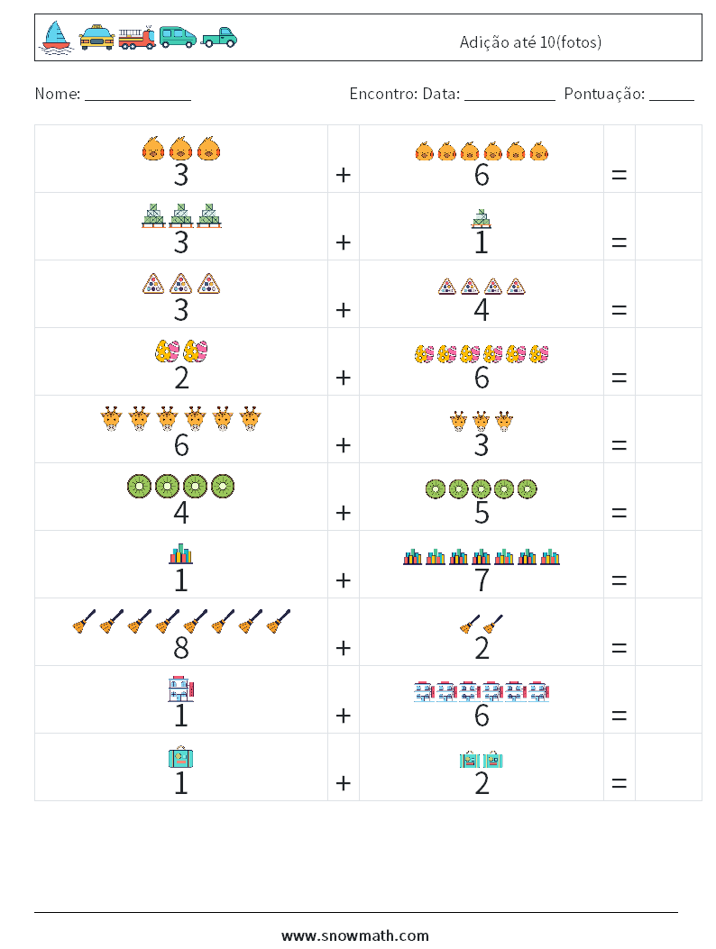 Adição até 10(fotos) planilhas matemáticas 5