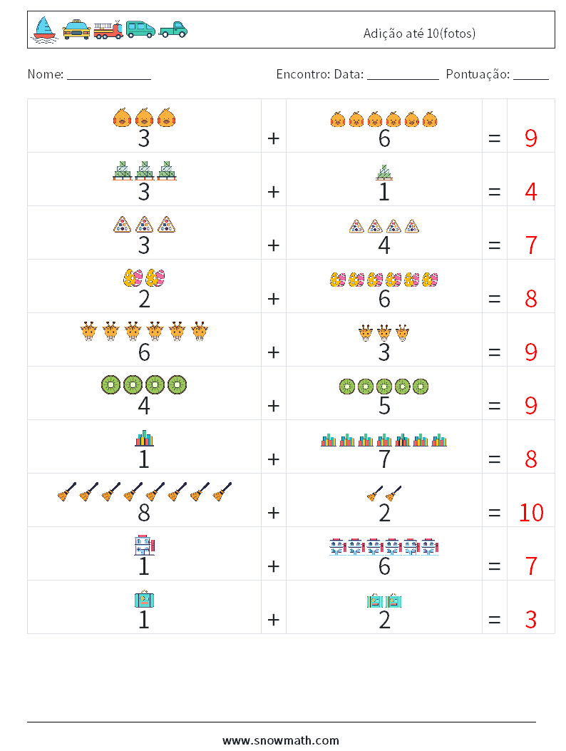 Adição até 10(fotos) planilhas matemáticas 5 Pergunta, Resposta
