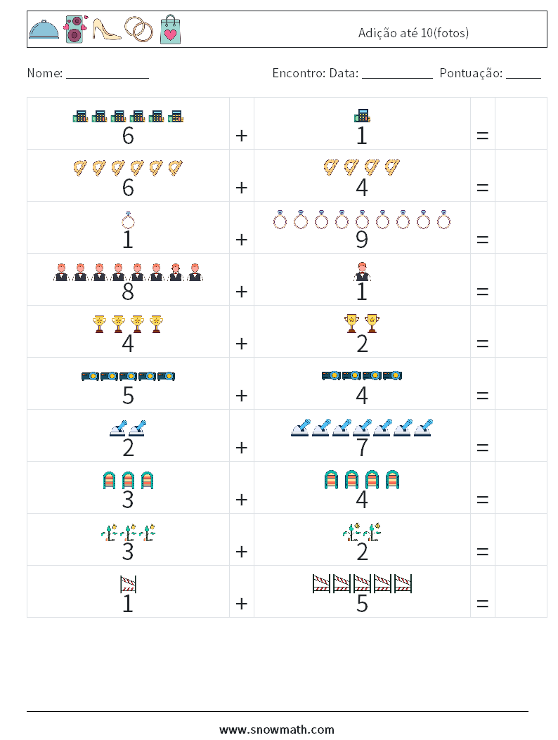 Adição até 10(fotos) planilhas matemáticas 6