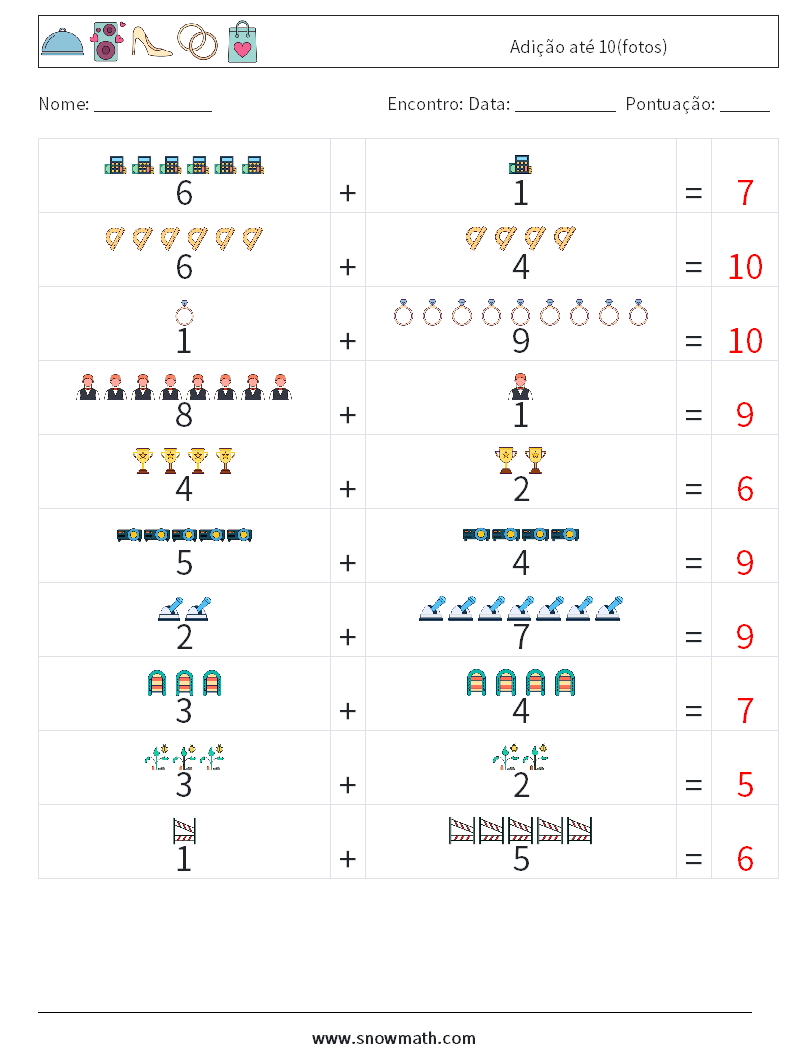 Adição até 10(fotos) planilhas matemáticas 6 Pergunta, Resposta