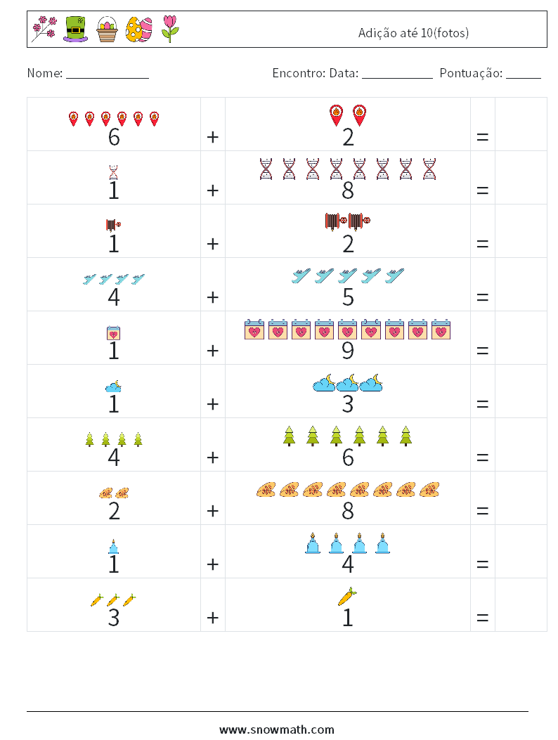 Adição até 10(fotos) planilhas matemáticas 7