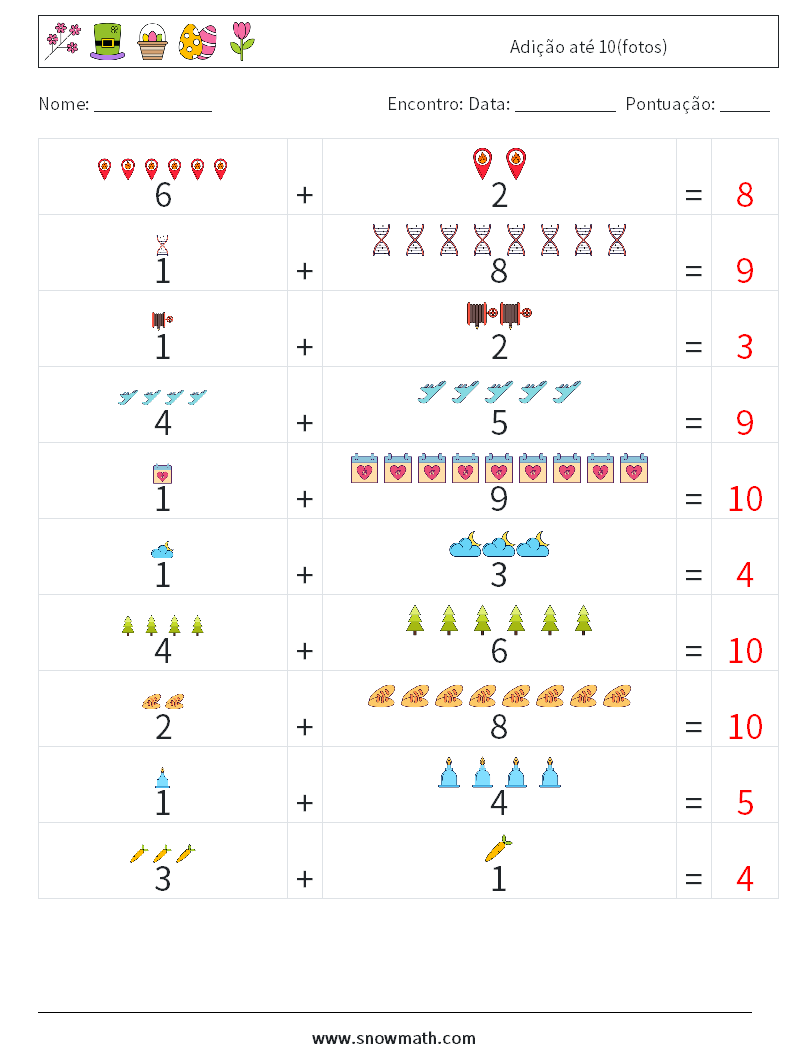 Adição até 10(fotos) planilhas matemáticas 7 Pergunta, Resposta