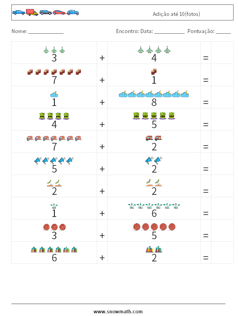 Adição até 10(fotos) planilhas matemáticas 8