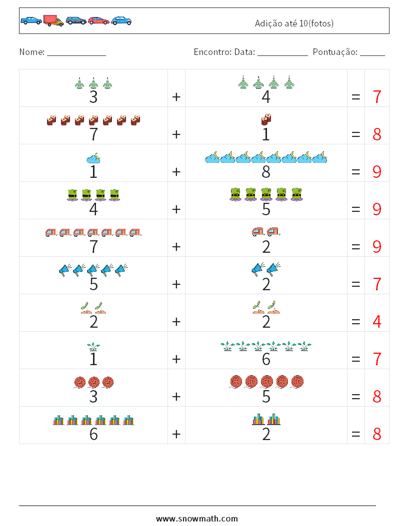 Adição até 10(fotos) planilhas matemáticas 8 Pergunta, Resposta