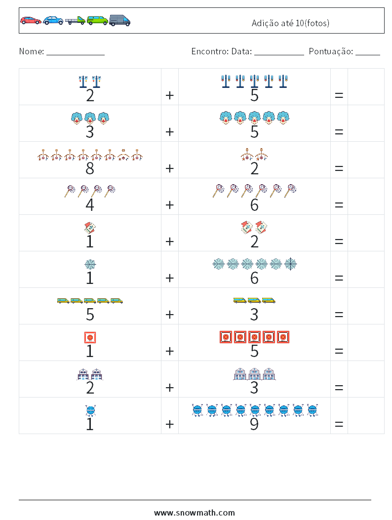 Adição até 10(fotos) planilhas matemáticas 9