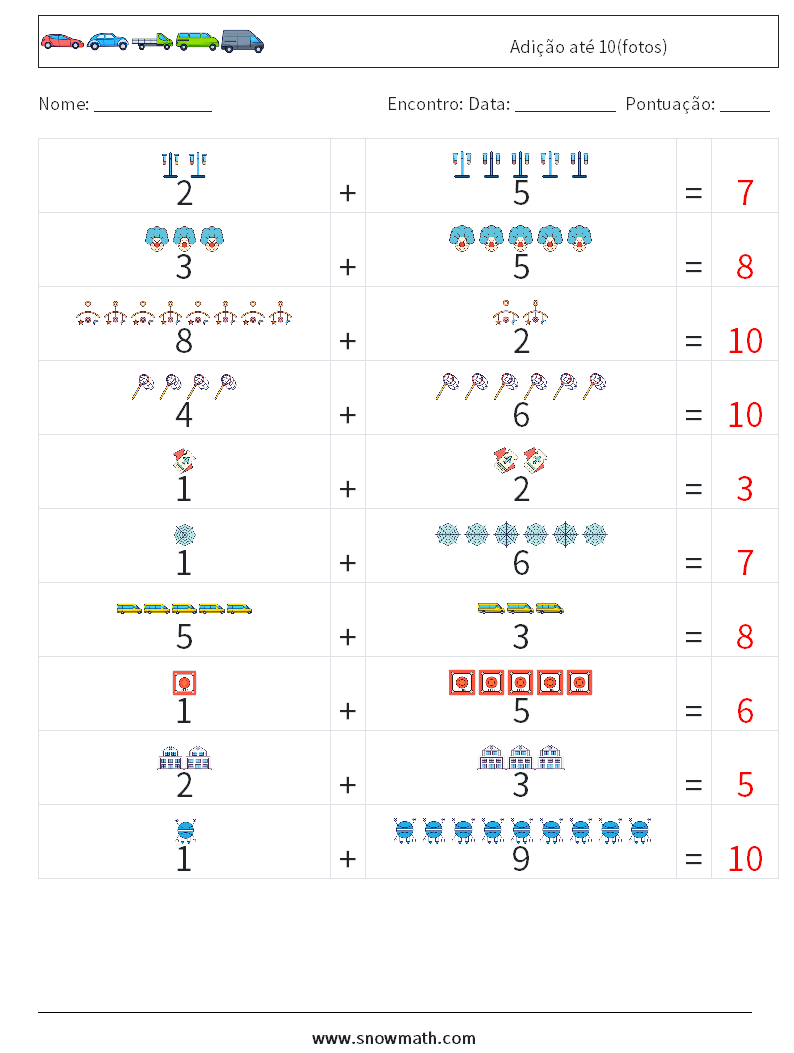 Adição até 10(fotos) planilhas matemáticas 9 Pergunta, Resposta