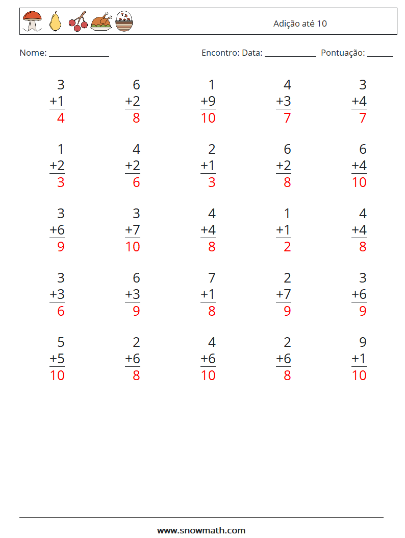 (25) Adição até 10 planilhas matemáticas 1 Pergunta, Resposta