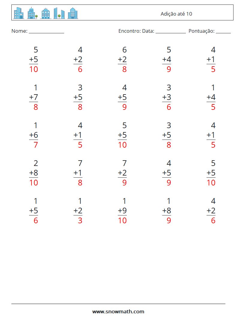 (25) Adição até 10 planilhas matemáticas 2 Pergunta, Resposta