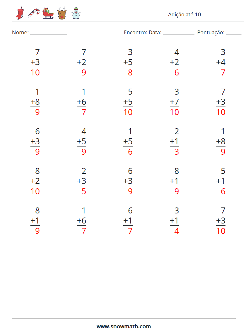 (25) Adição até 10 planilhas matemáticas 4 Pergunta, Resposta