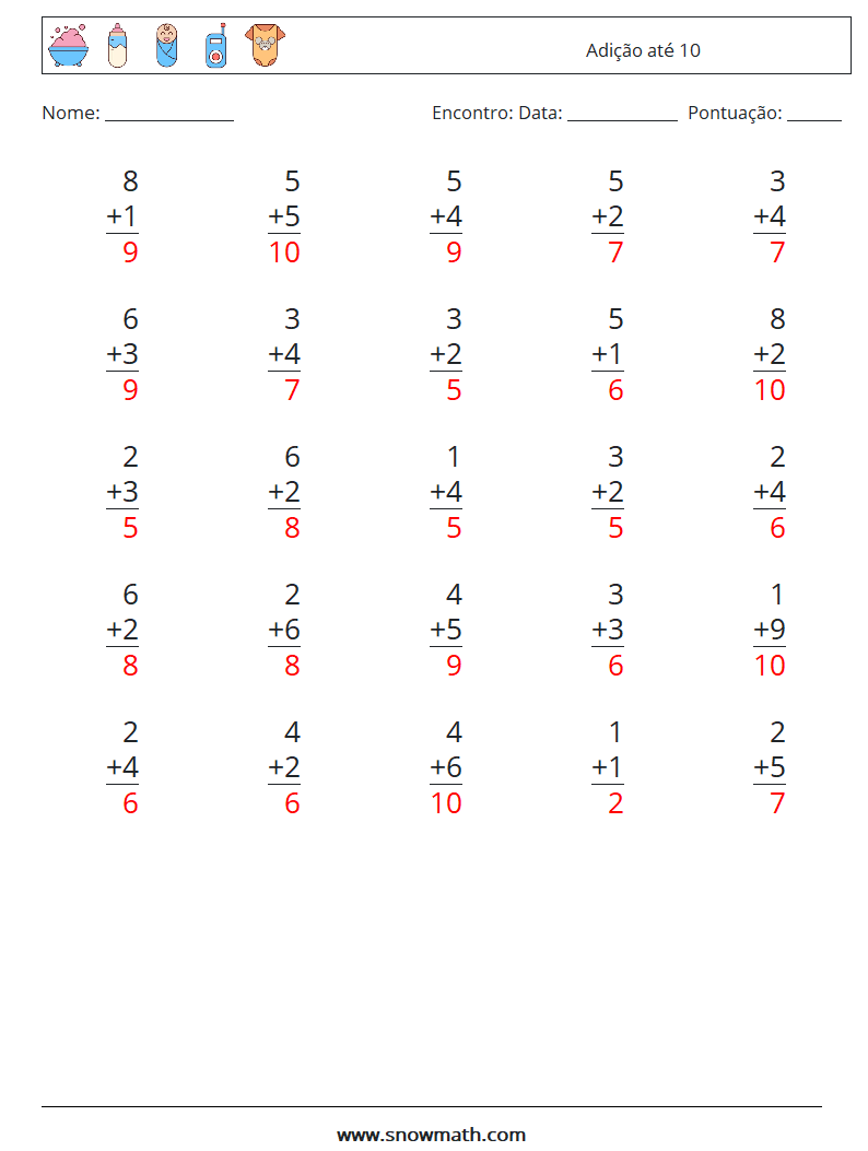 (25) Adição até 10 planilhas matemáticas 5 Pergunta, Resposta