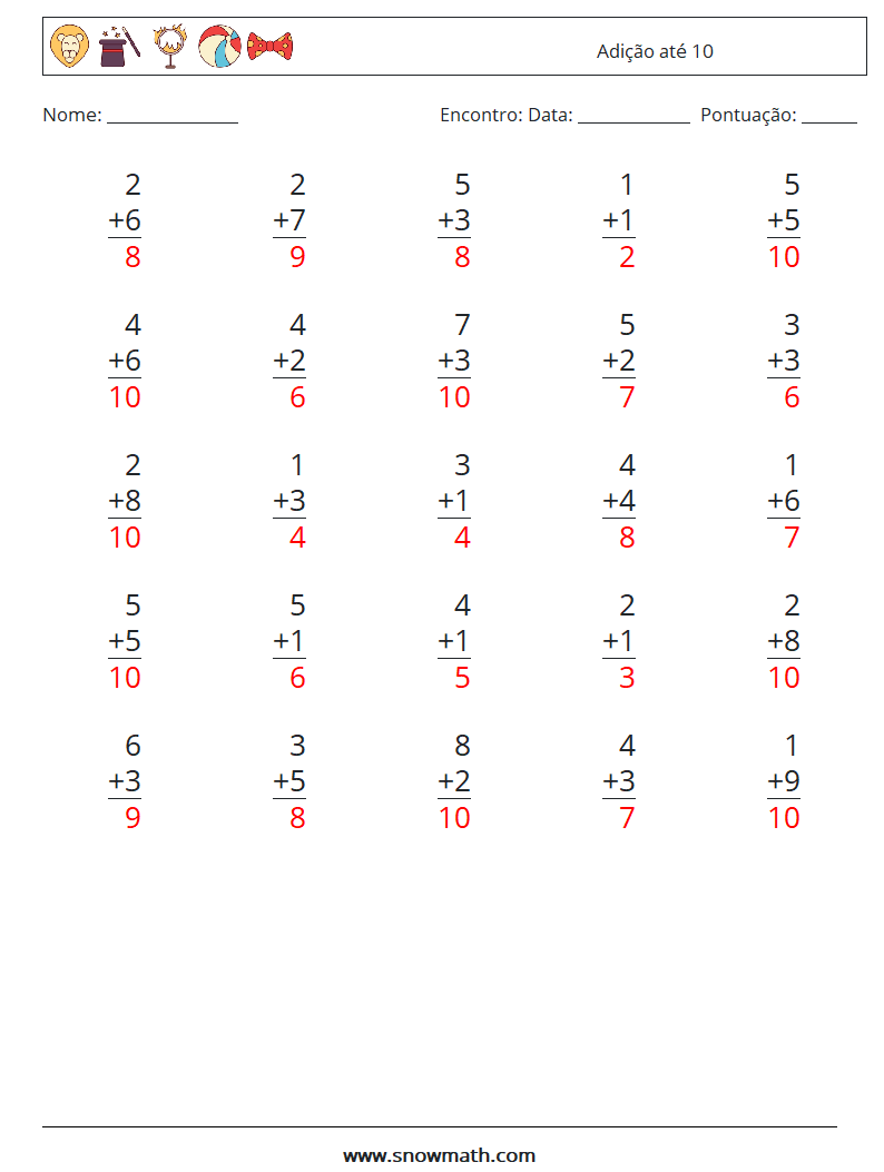 (25) Adição até 10 planilhas matemáticas 6 Pergunta, Resposta