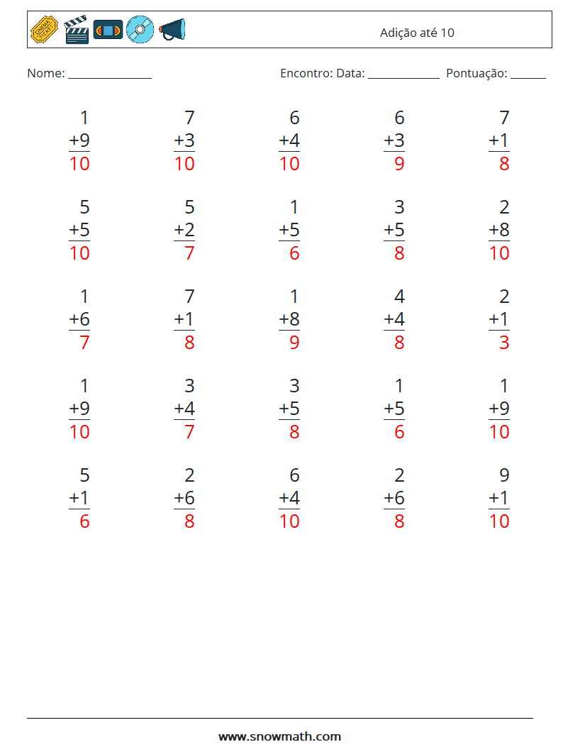 (25) Adição até 10 planilhas matemáticas 7 Pergunta, Resposta