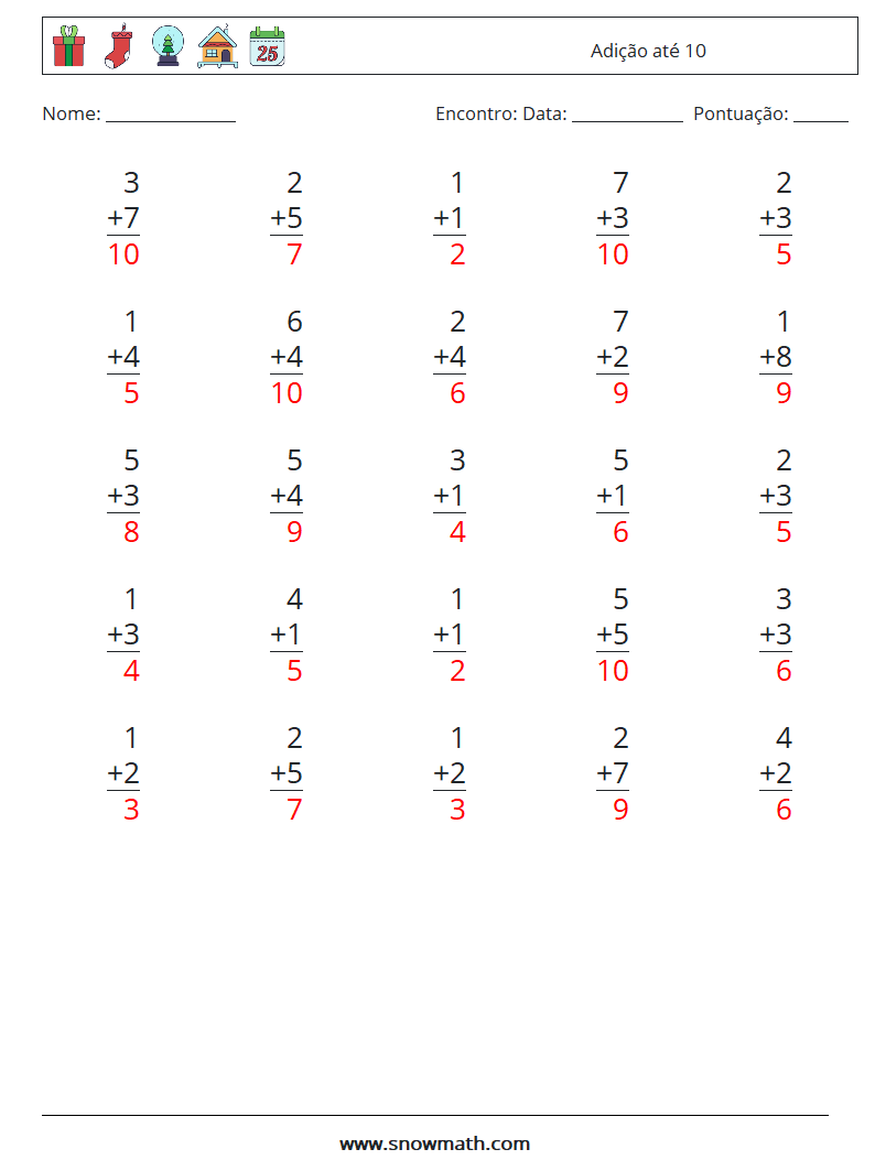 (25) Adição até 10 planilhas matemáticas 8 Pergunta, Resposta