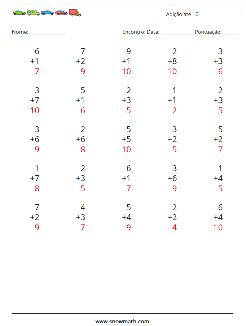 (25) Adição até 10 planilhas matemáticas 9 Pergunta, Resposta