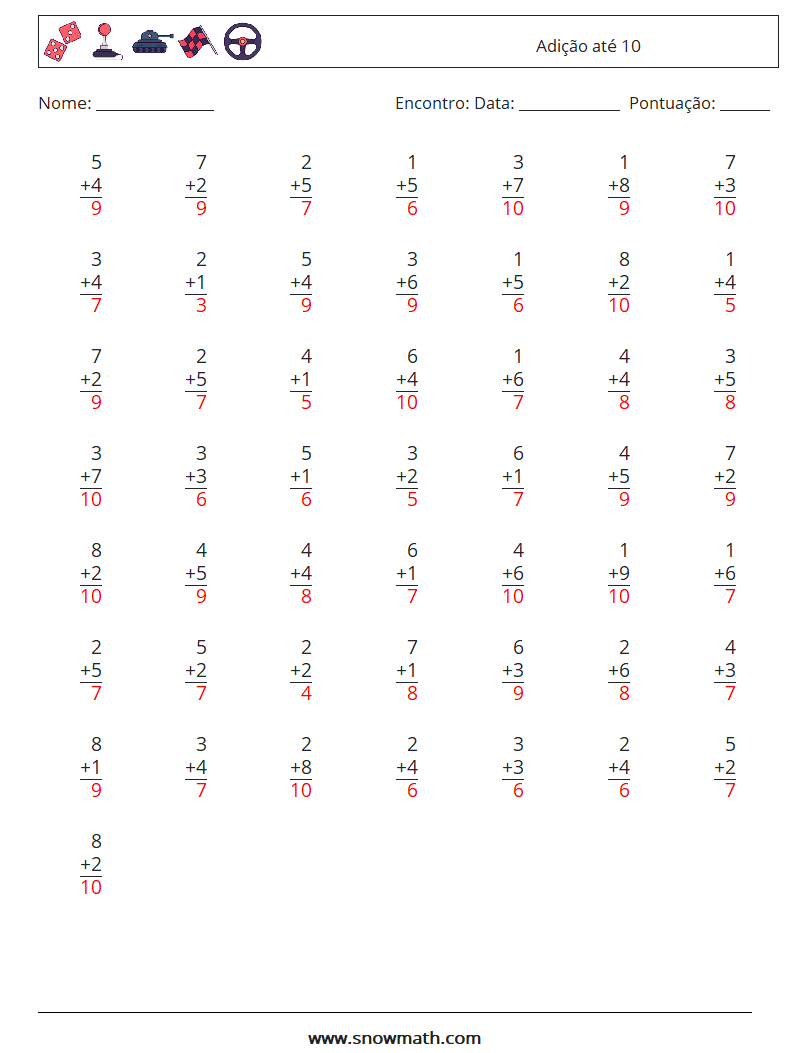 (50) Adição até 10 planilhas matemáticas 1 Pergunta, Resposta