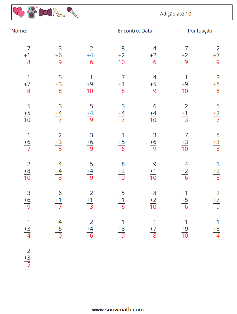 (50) Adição até 10 planilhas matemáticas 2 Pergunta, Resposta