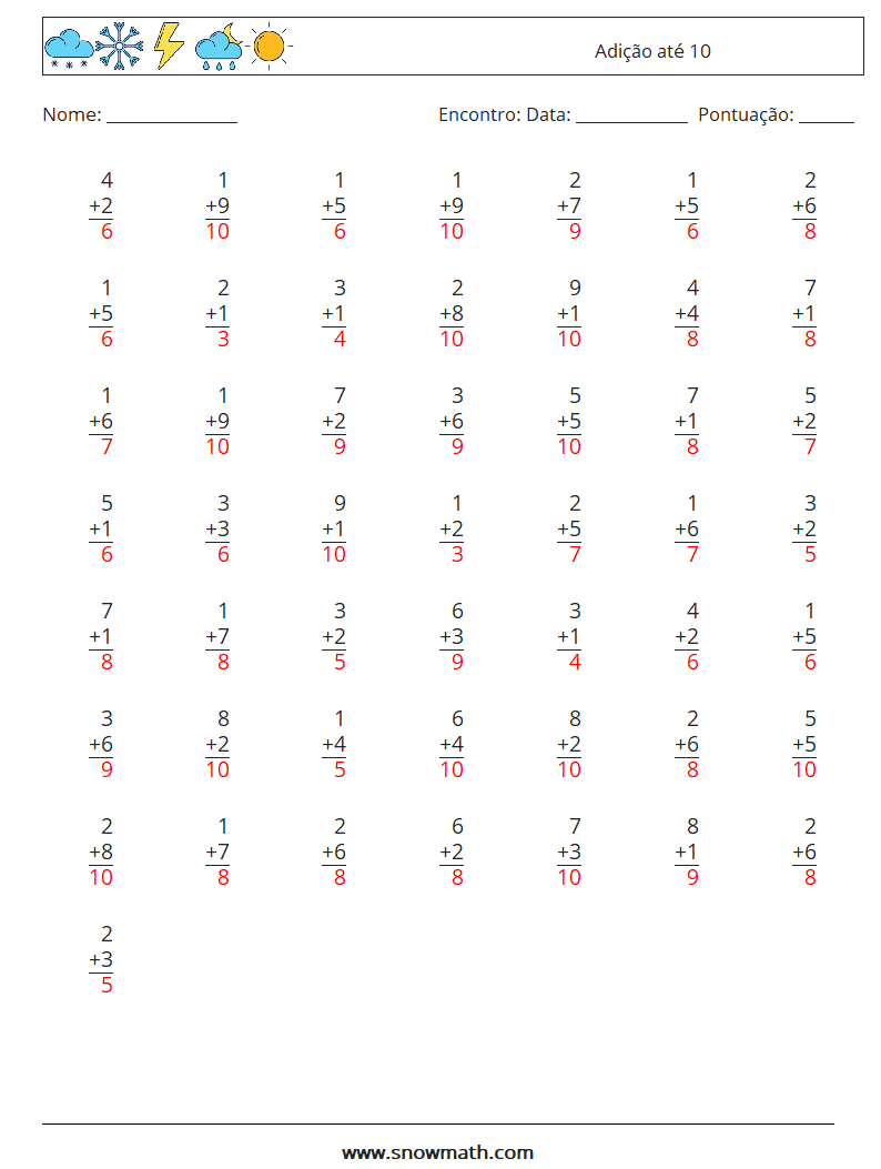 (50) Adição até 10 planilhas matemáticas 4 Pergunta, Resposta