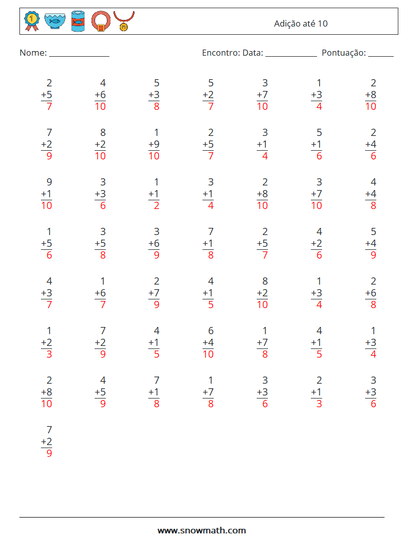 (50) Adição até 10 planilhas matemáticas 5 Pergunta, Resposta