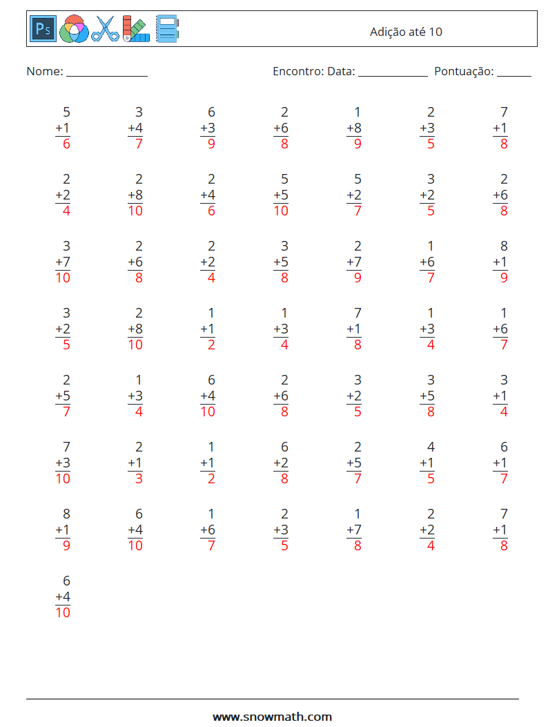 (50) Adição até 10 planilhas matemáticas 6 Pergunta, Resposta