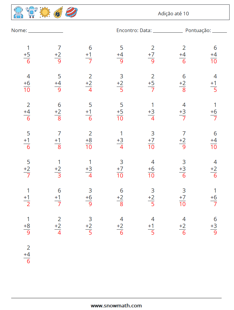 (50) Adição até 10 planilhas matemáticas 7 Pergunta, Resposta