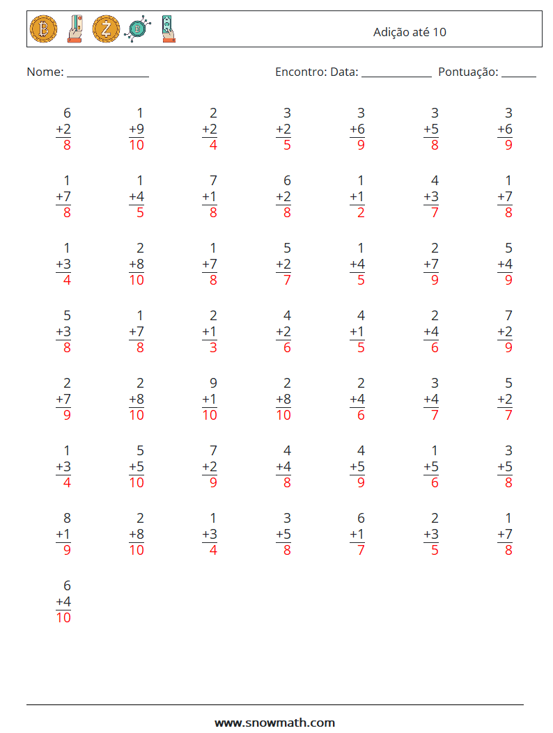 (50) Adição até 10 planilhas matemáticas 8 Pergunta, Resposta