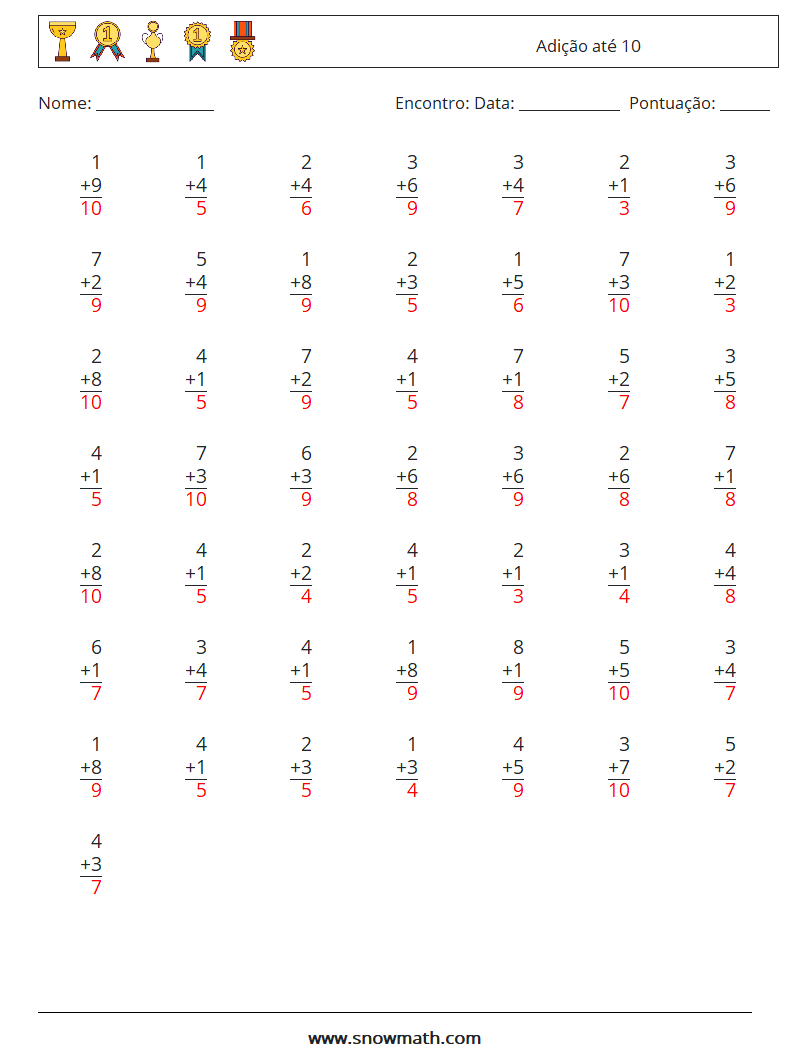 (50) Adição até 10 planilhas matemáticas 9 Pergunta, Resposta