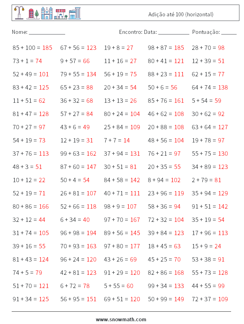 (100) Adição até 100 (horizontal) planilhas matemáticas 1 Pergunta, Resposta