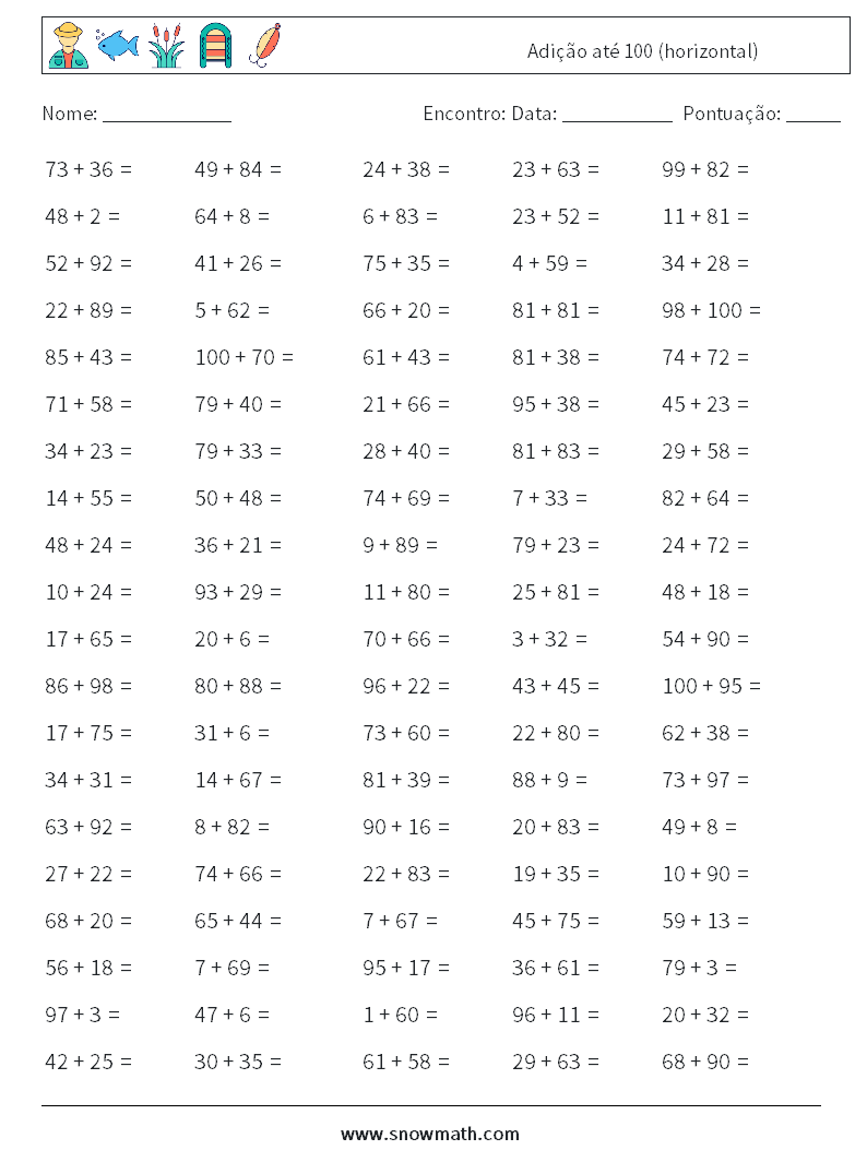 (100) Adição até 100 (horizontal) planilhas matemáticas 2