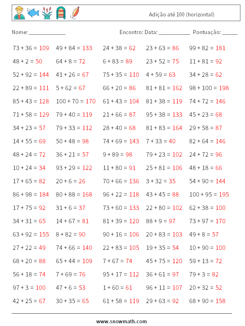 (100) Adição até 100 (horizontal) planilhas matemáticas 2 Pergunta, Resposta