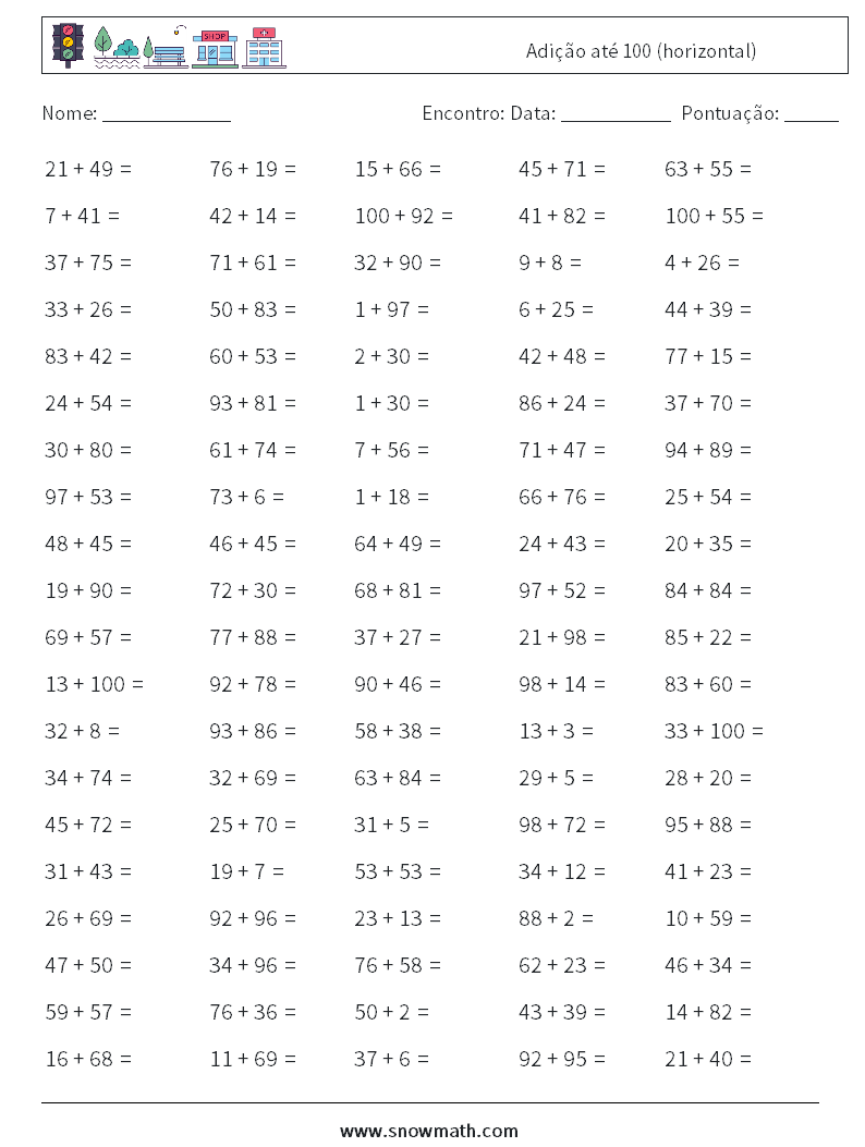 (100) Adição até 100 (horizontal) planilhas matemáticas 3