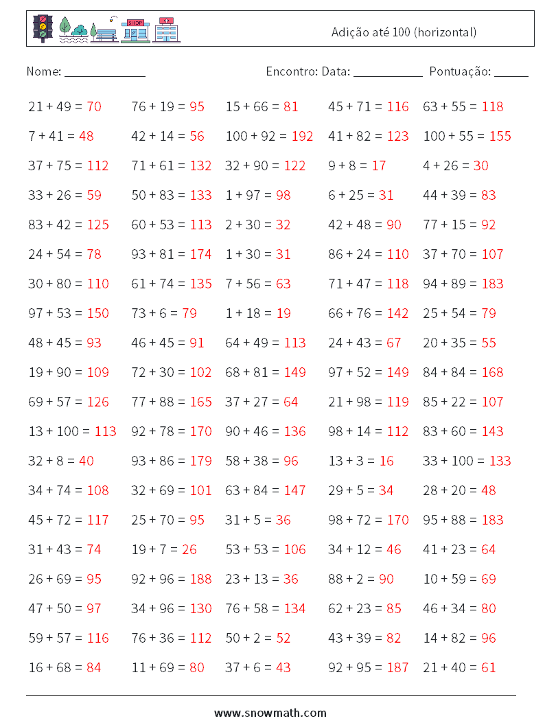 (100) Adição até 100 (horizontal) planilhas matemáticas 3 Pergunta, Resposta